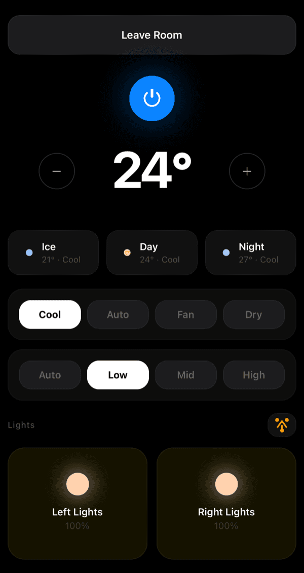 Room app screen with a power button, temperature at 24 degrees, ice day and night presets, mode and fan speed rows, and left and right light tiles