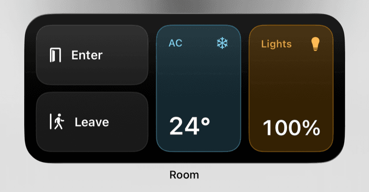Room home screen widget showing enter, leave, the ac at 24 degrees and lights at 100 percent